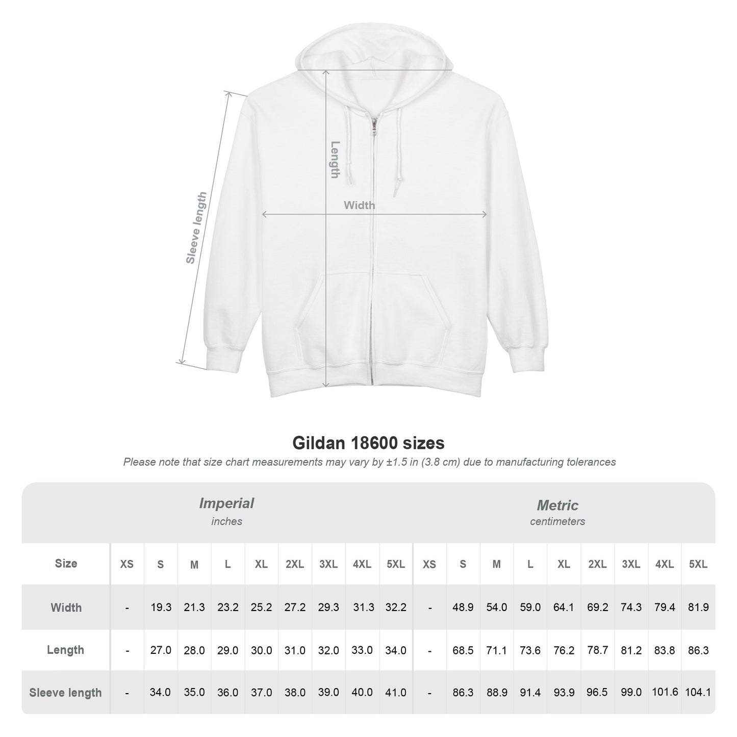 White hoodie with measurement chart on a white background
