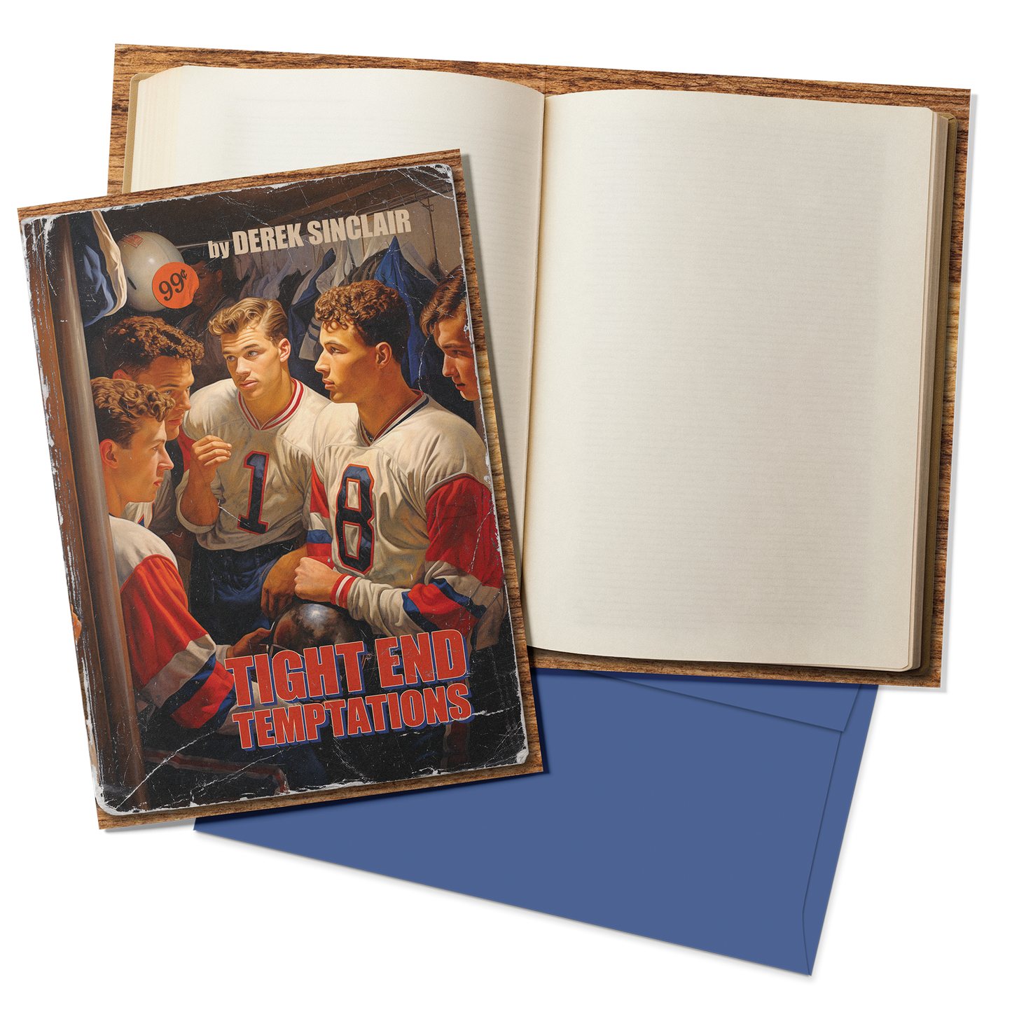 Record cover with football-themed design and open book on a white background