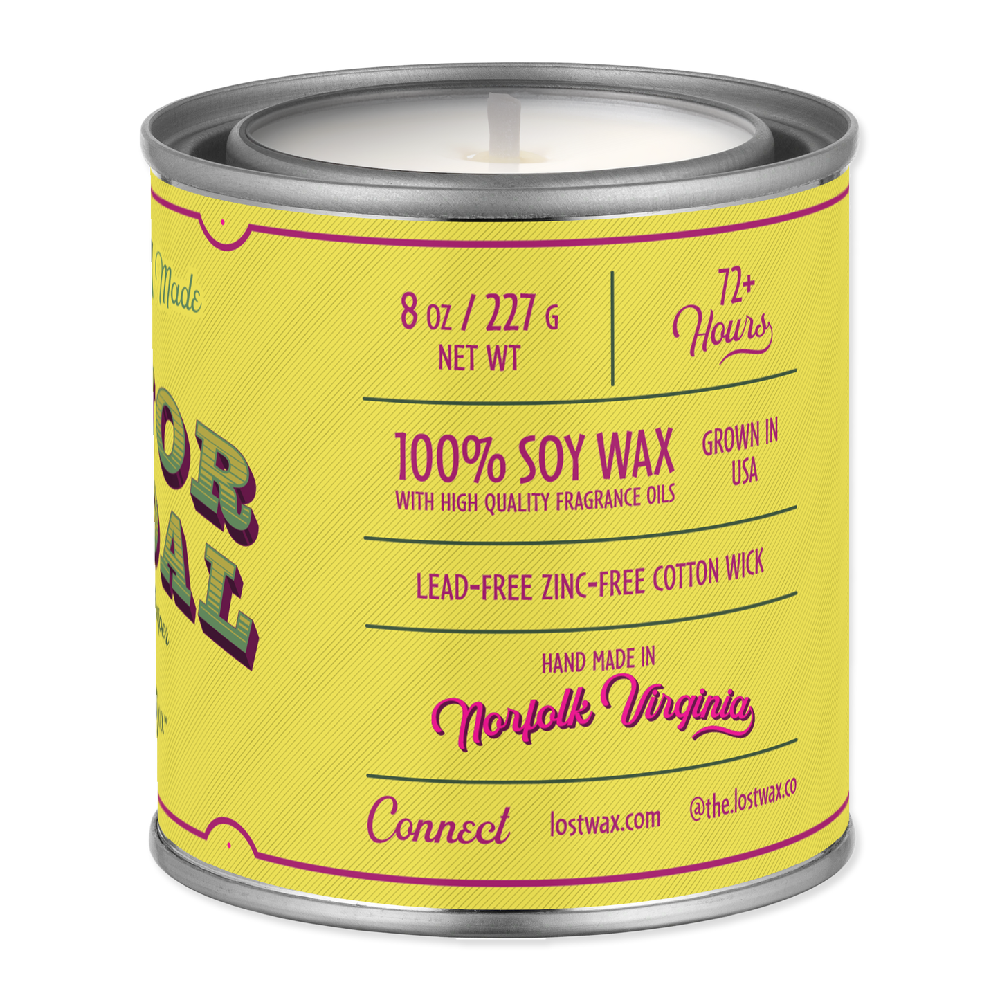Yellow candle canister with text on a white background