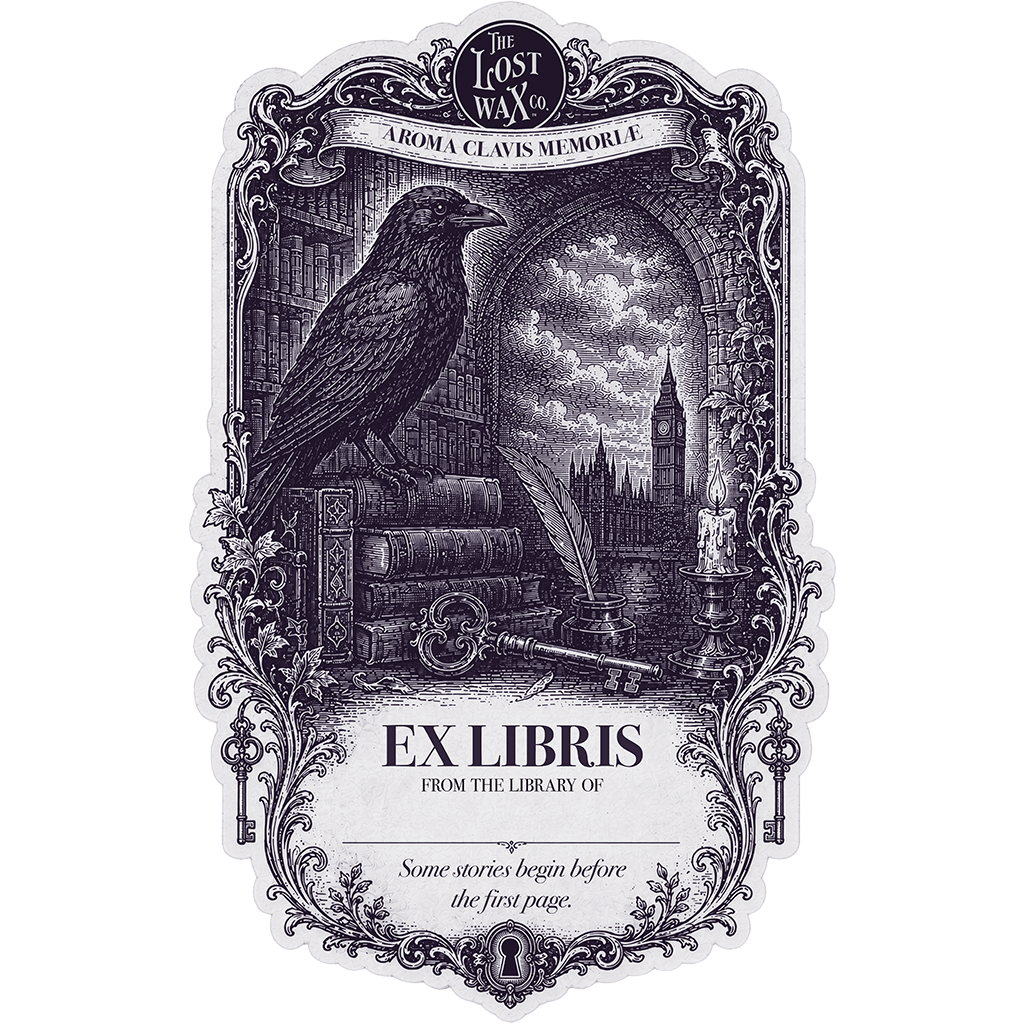 Decorative bookplate with a crow, books, and architectural elements on a white background.