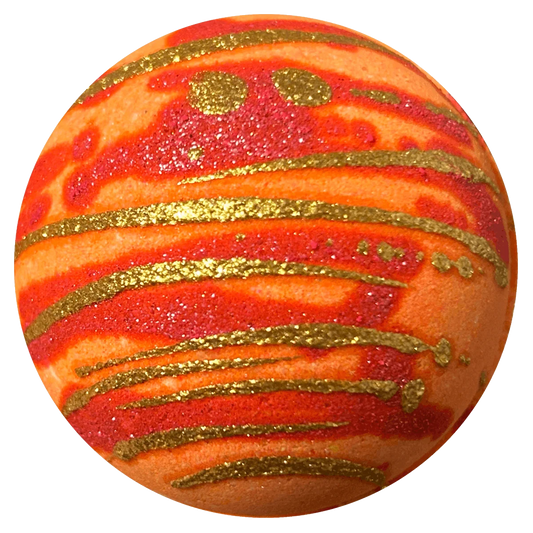 A spherical bath bomb with a textured orange and red marbled pattern, accented by horizontal glittery gold stripes, isolated on a white background.