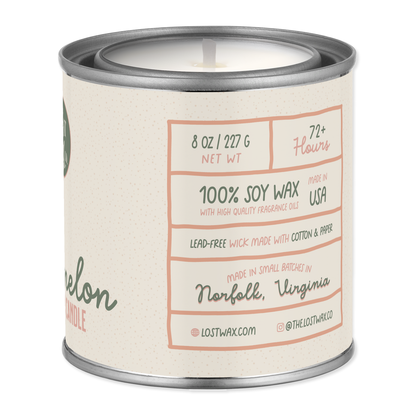 Candle in a tin with a label on a white background