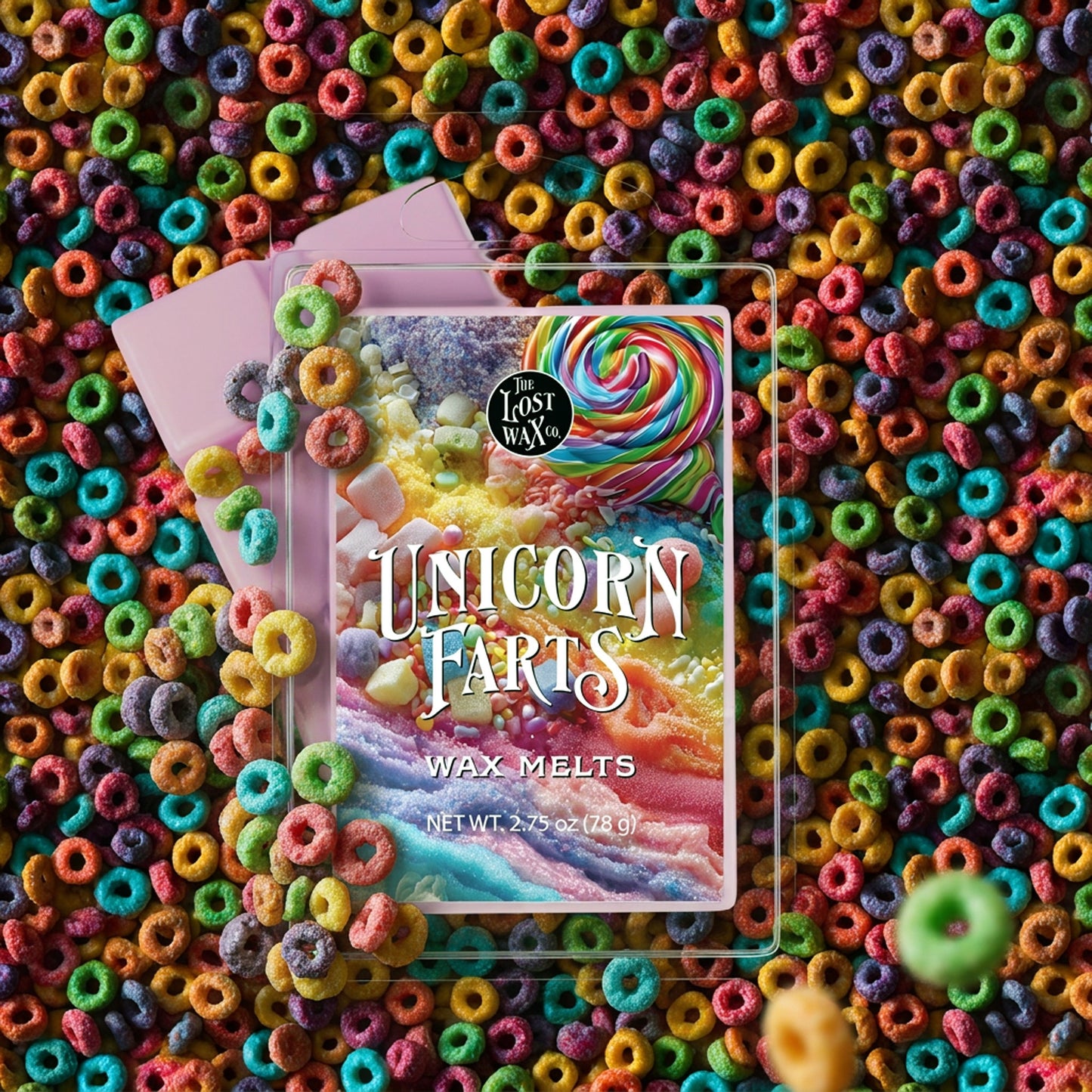 Pack of Unicorn Farts wax melts on a colorful cereal background