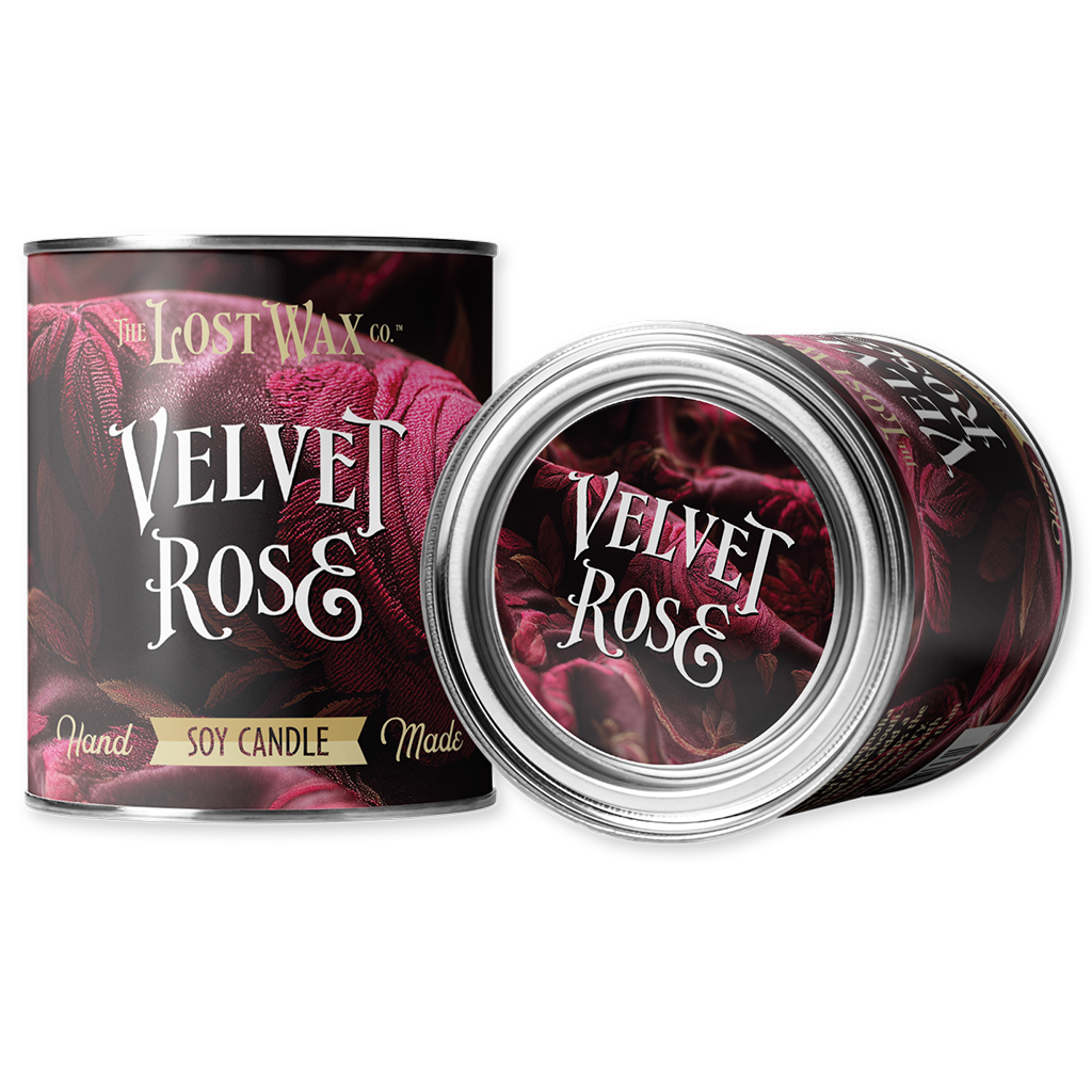 Velvet Rose candle packaging with 'The Lost Wax Co.' branding on a white background