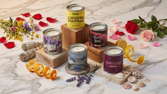 Various half-pint candles surrounded by some of their fragrant ingredients.