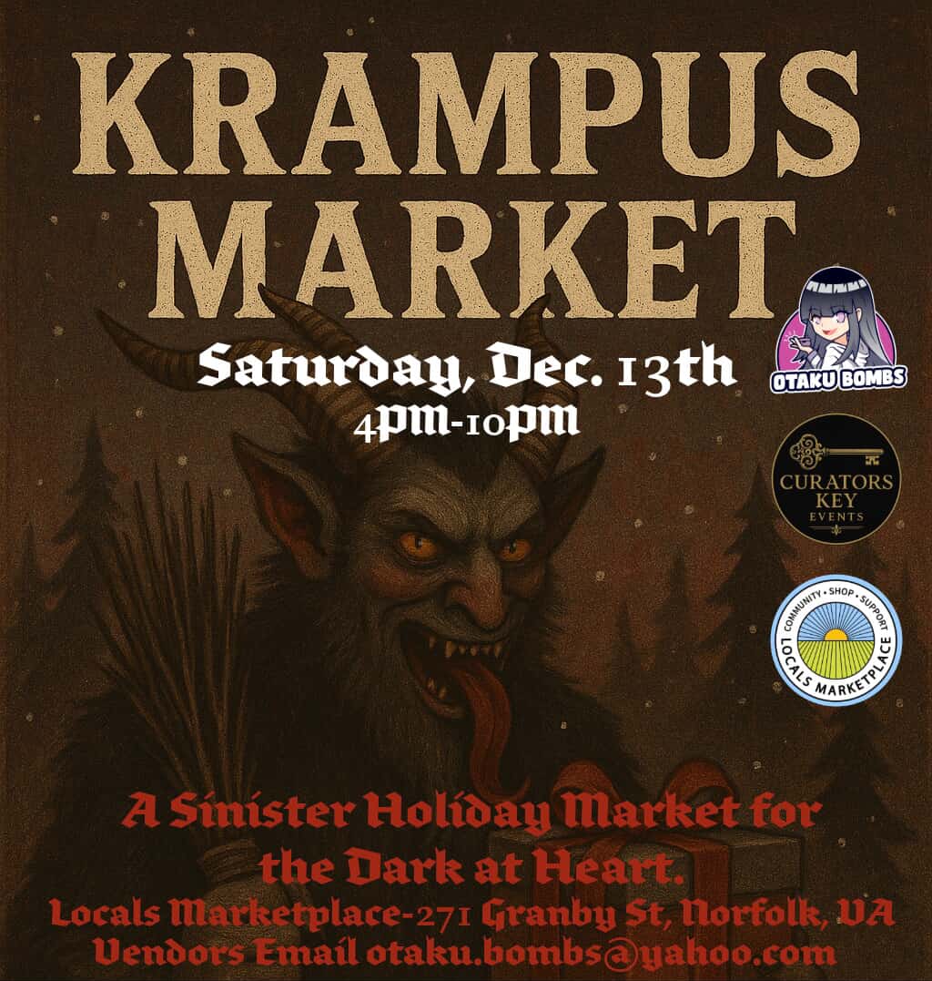 Promotional poster for Krampus Market event with a Krampus figure and event details.