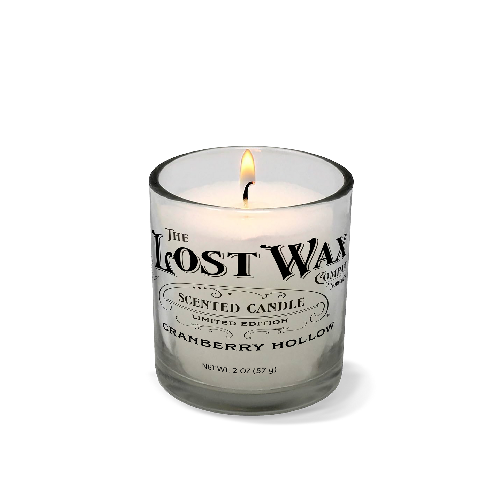 Cranberry Hollow scented candle in a glass container with 'The Lost Wax Company' branding on a white background