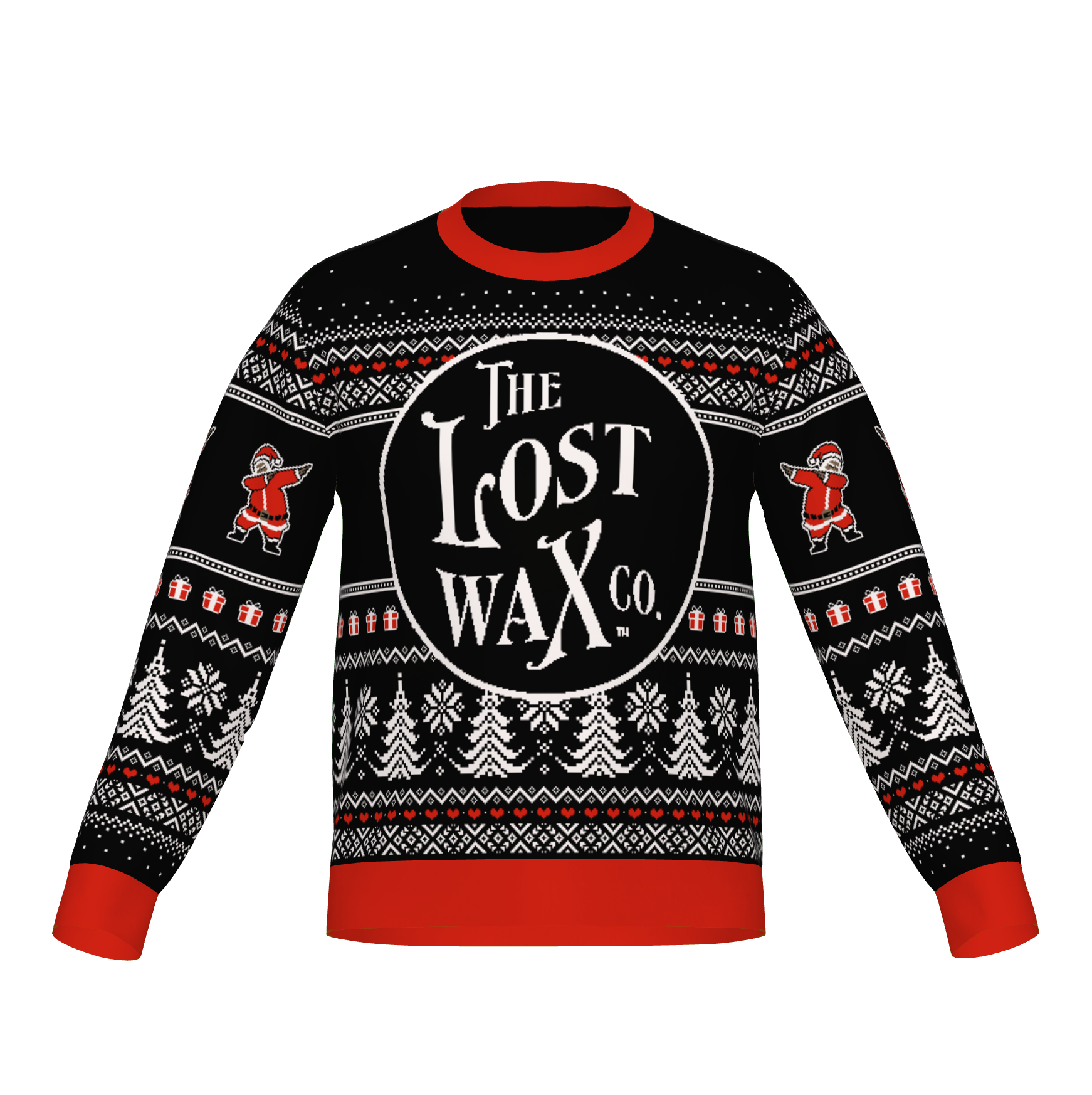 The Lost Wax Co. Knitted Christmas Sweater in red, white, and black
