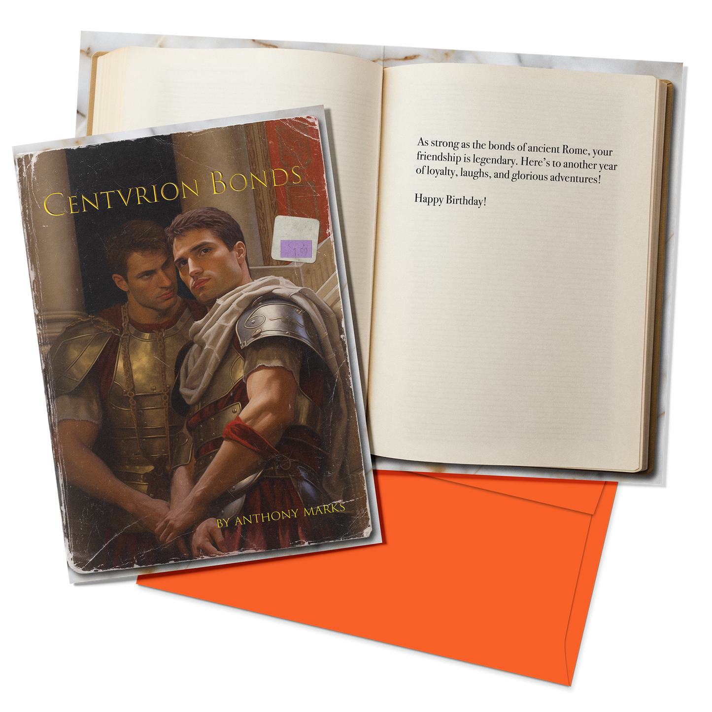 Book titled 'Centurion Bonds' with a birthday card on an open book