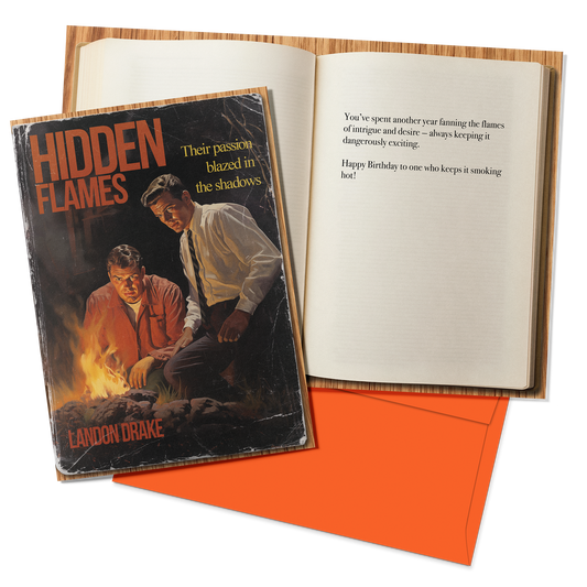 Book titled 'Hidden Flames' by Landon Drake with an open book displaying text on a white background.