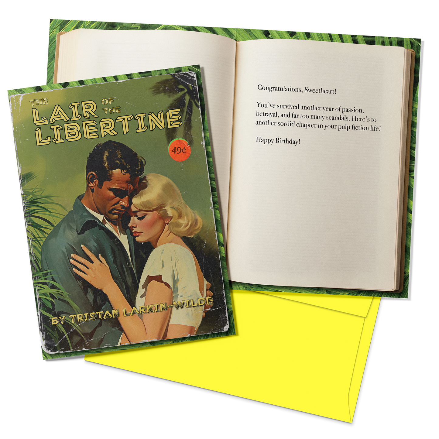 Greeting card with vintage book cover design featuring a couple, on a white background.