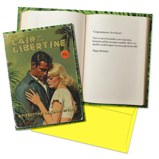 Greeting card with vintage book cover design featuring a couple, on a white background.