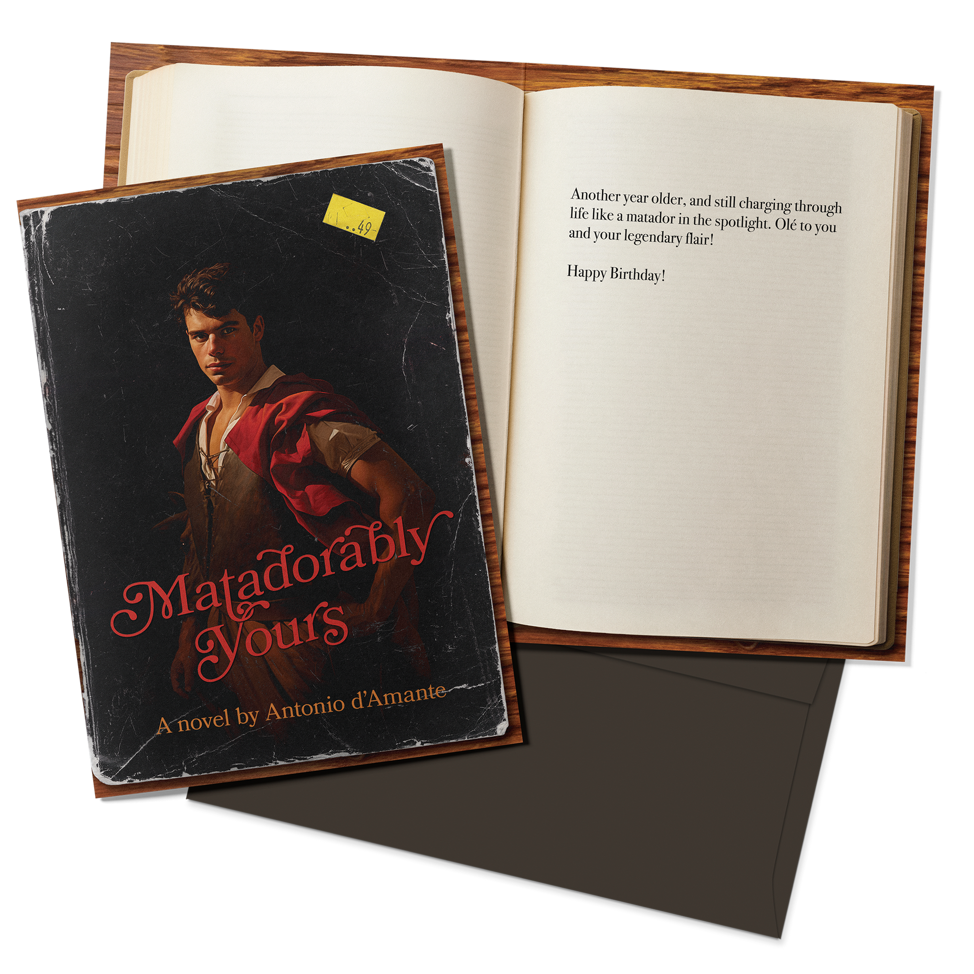 Book with a cover featuring a portrait and text, open to a birthday message.