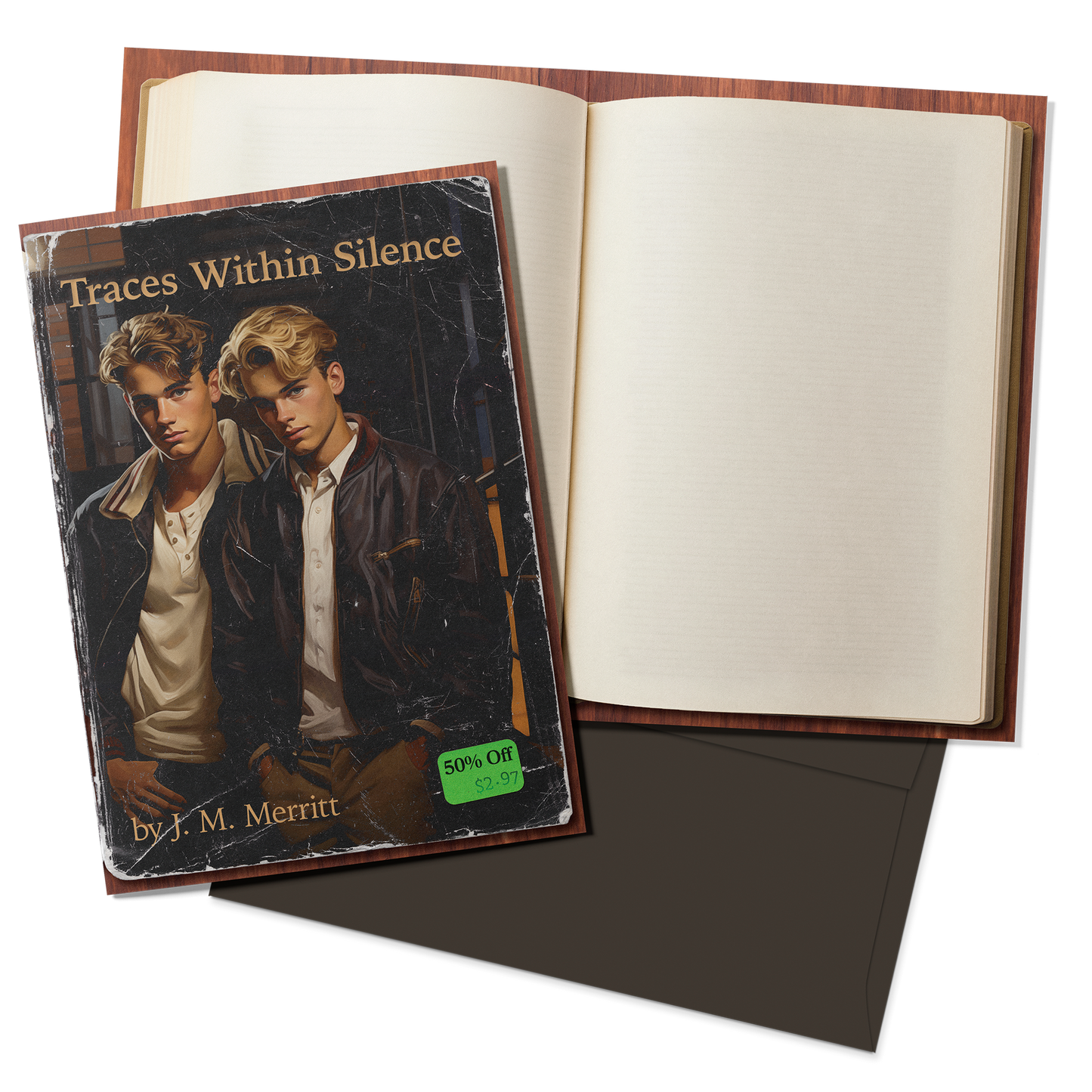 Book titled 'Traces Within Silence' by J.M. Merritt with a cover featuring two young men.