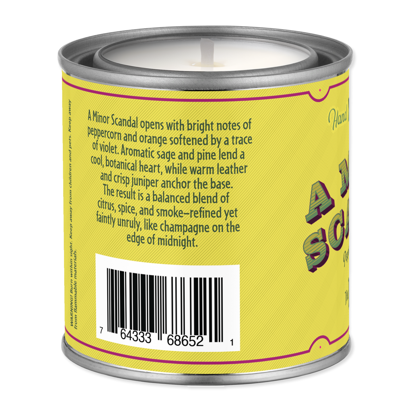 Back of a yellow can with text and a barcode on a white background