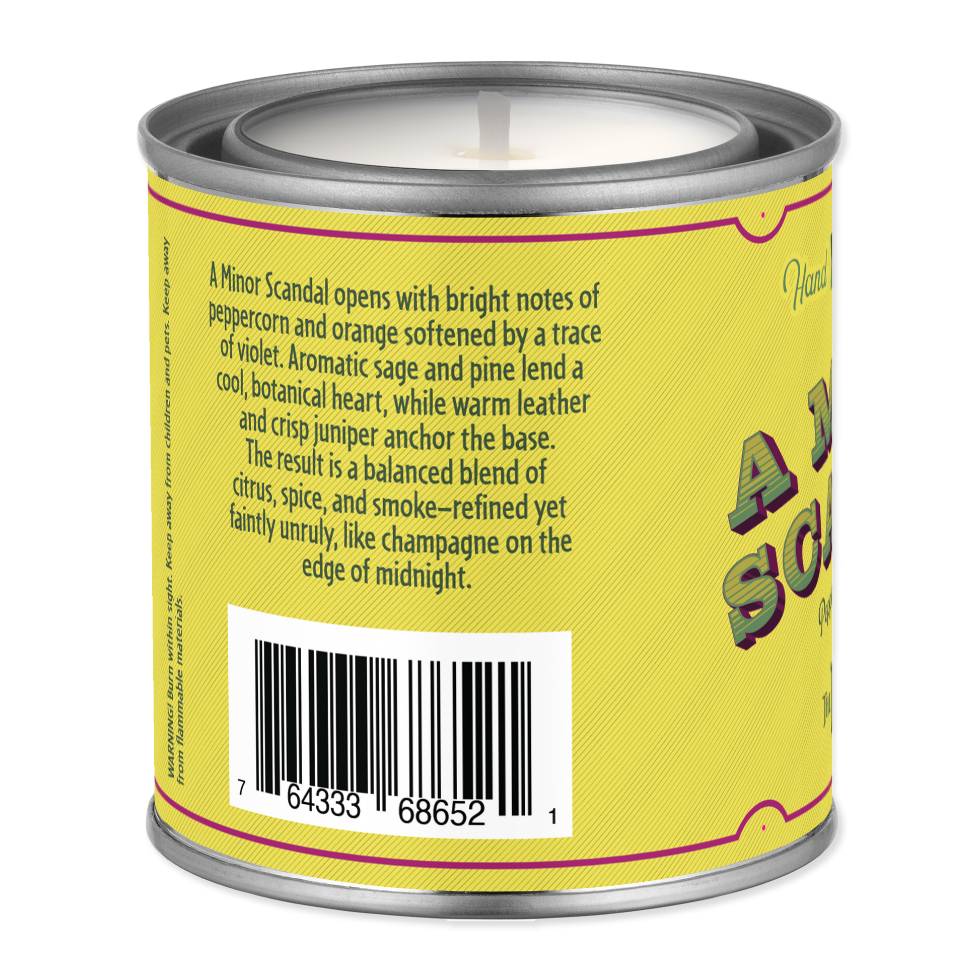 Back of a yellow can with text and a barcode on a white background