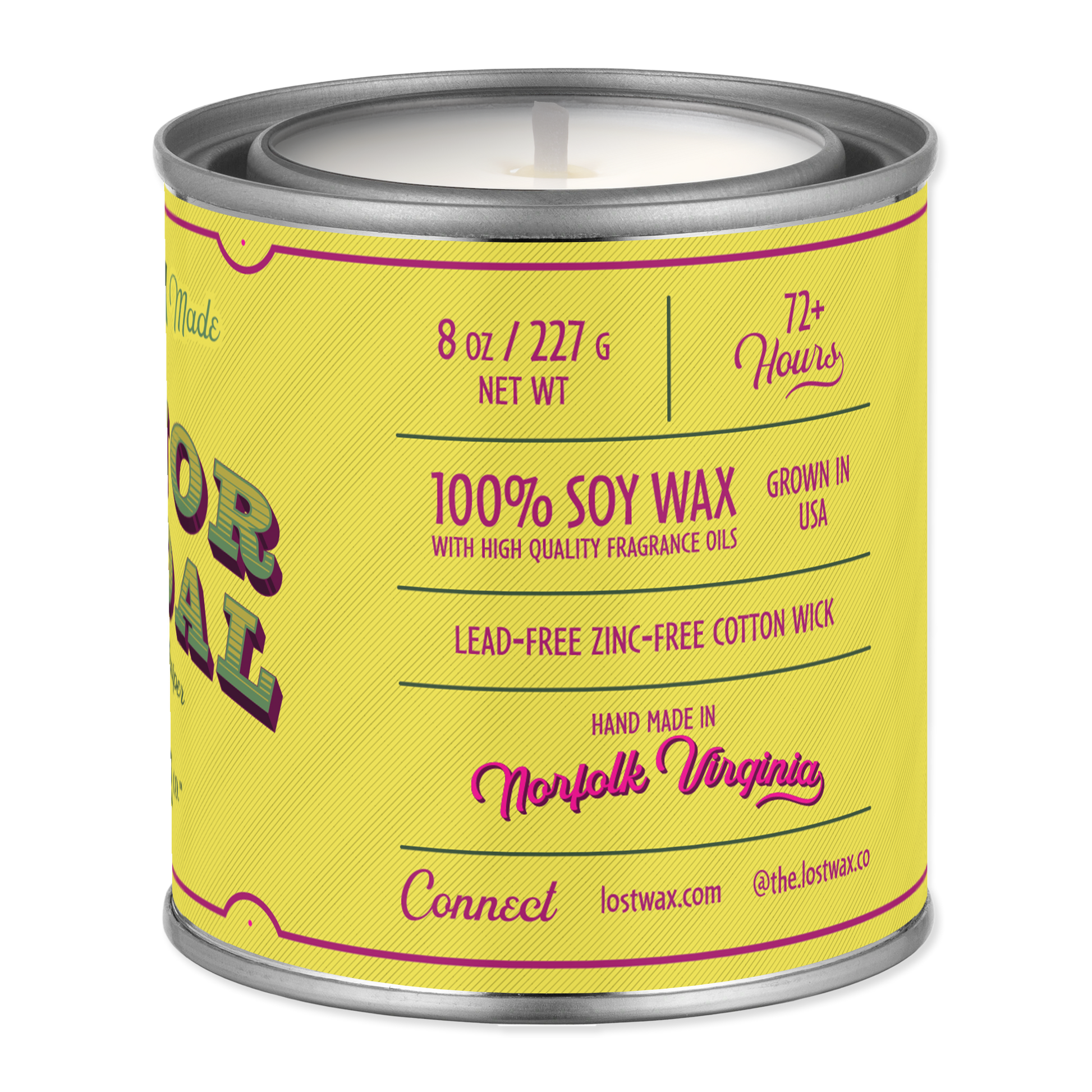 Yellow candle canister with text on a white background