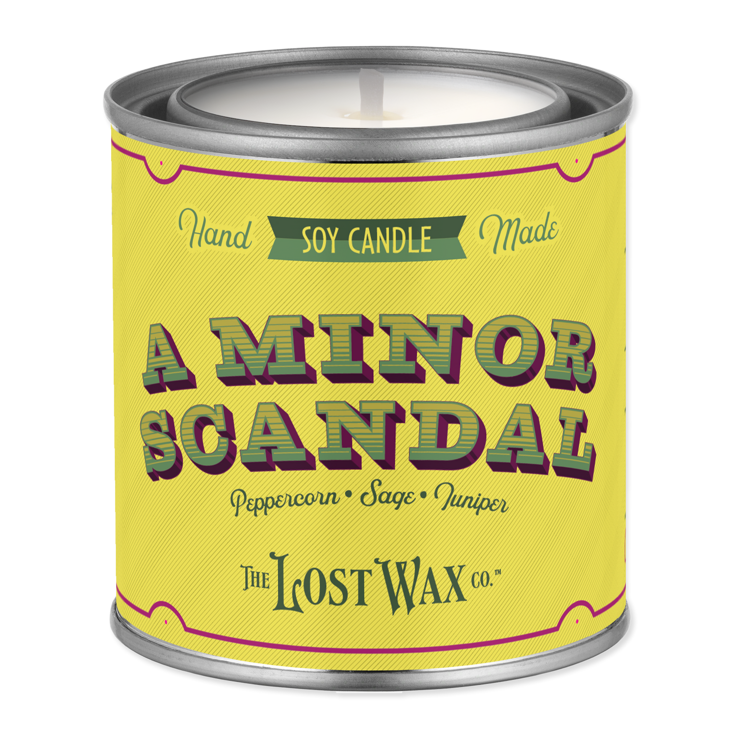 Candle canister labeled 'A Minor Scandal' by The Lost Wax Co. on a white background