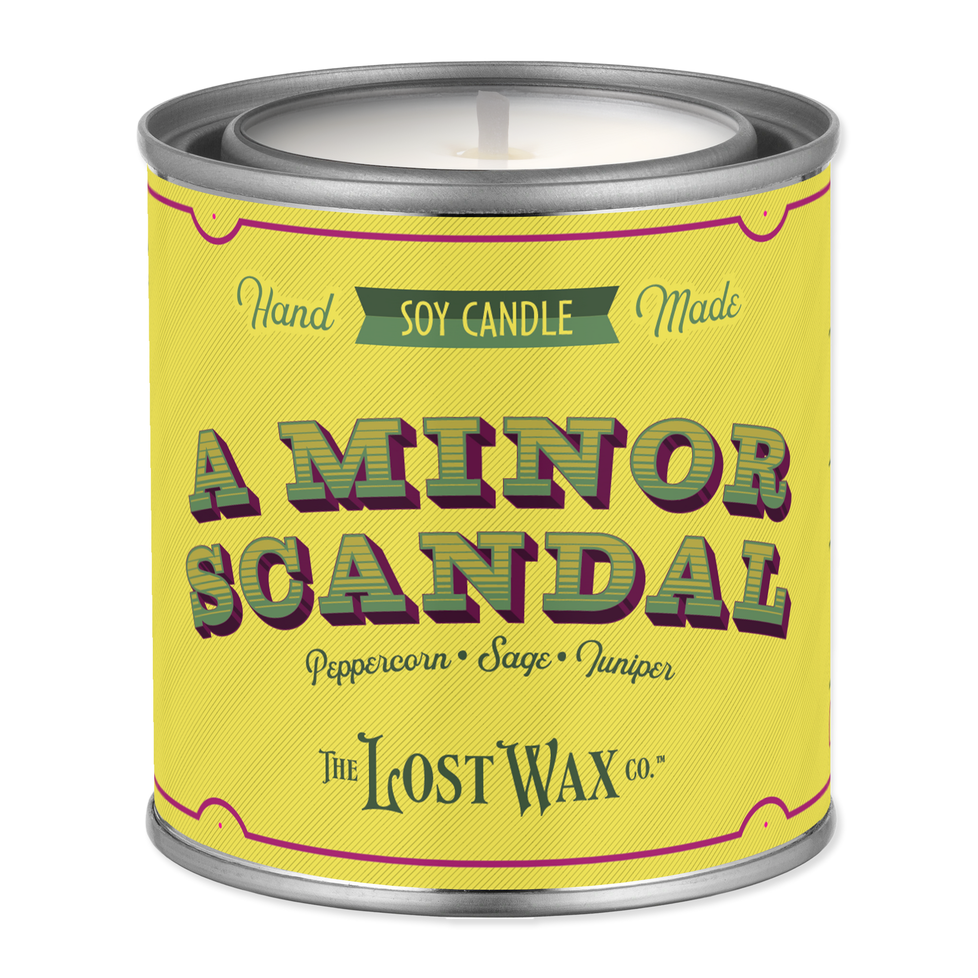 Candle canister labeled 'A Minor Scandal' by The Lost Wax Co. on a white background