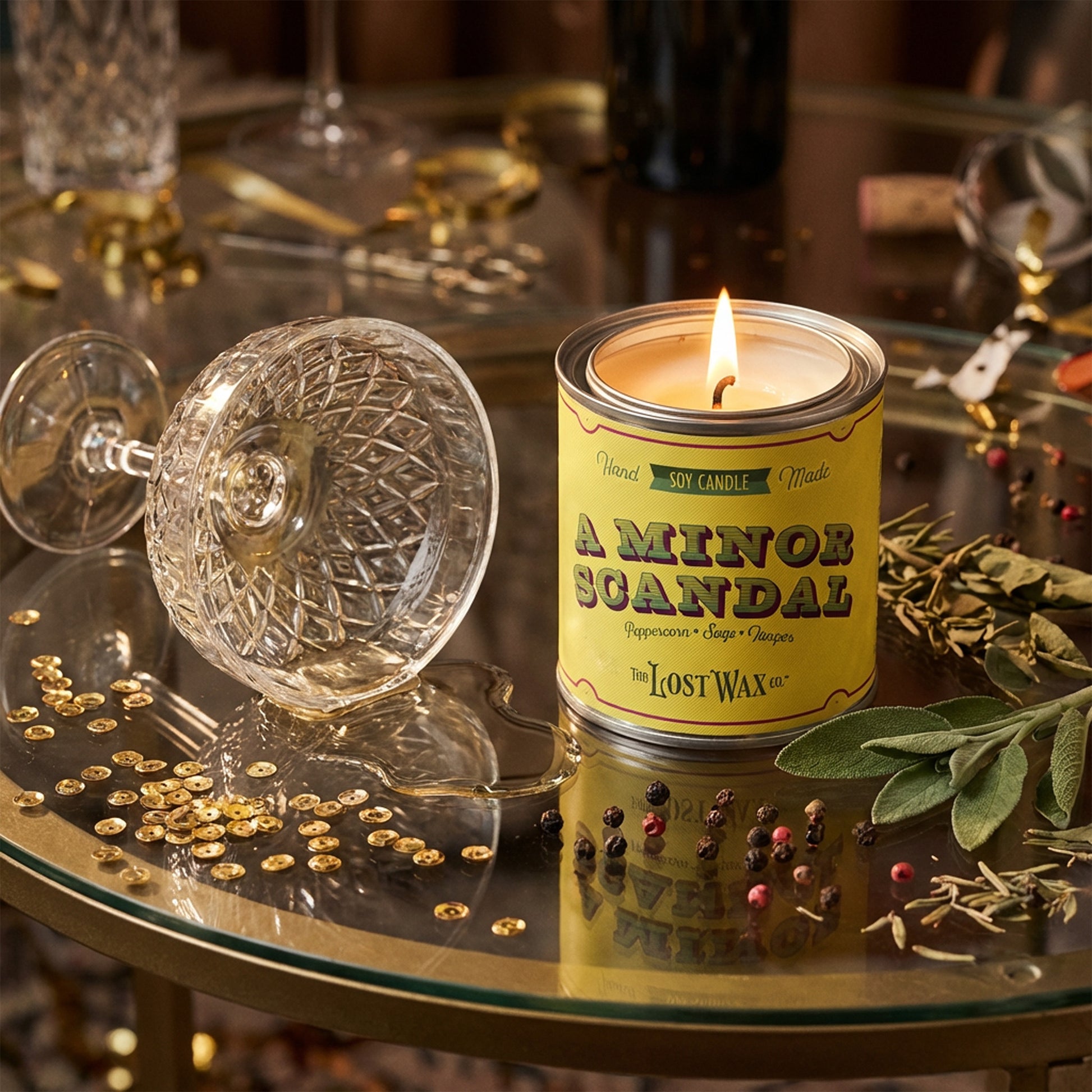Candle labeled 'A Minor Scandal' on a table with glasses and decorative items.