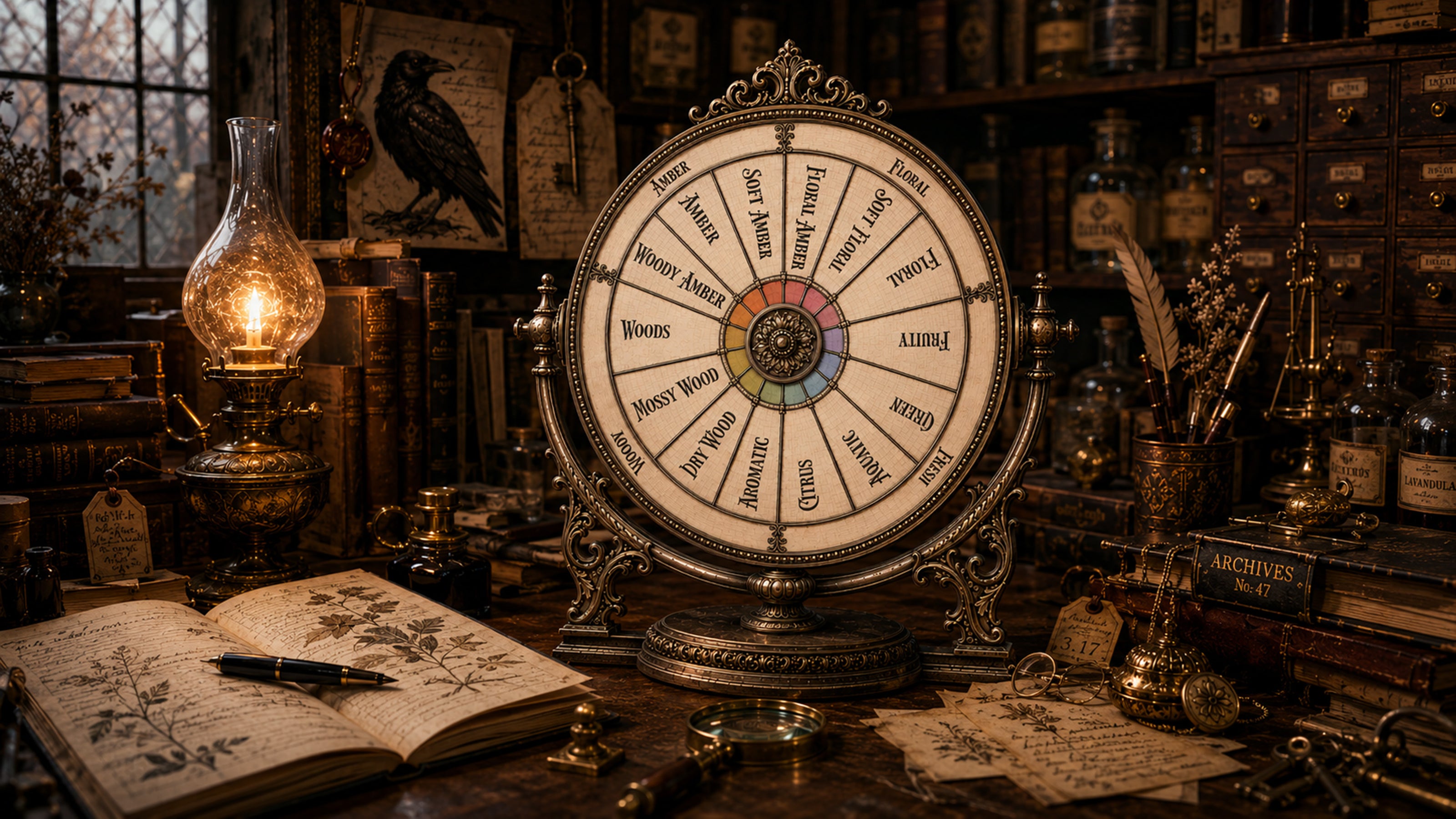 Vintage-style Fragrance Wheel on a wooden desk with books and lantern.