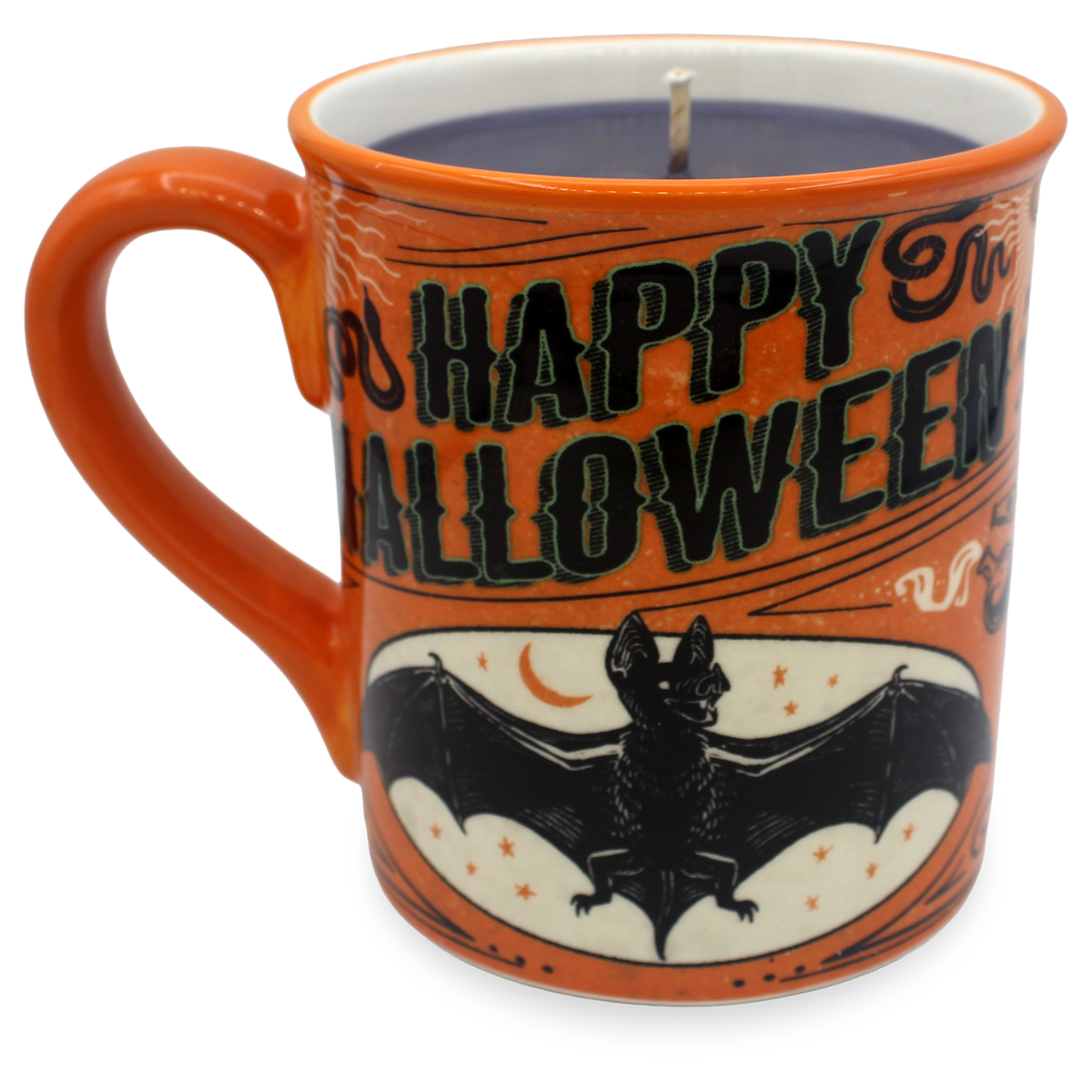 An orange ceramic mug candle with a Halloween theme, featuring 'HAPPY HALLOWEEN' text and a bat illustration on a white background.