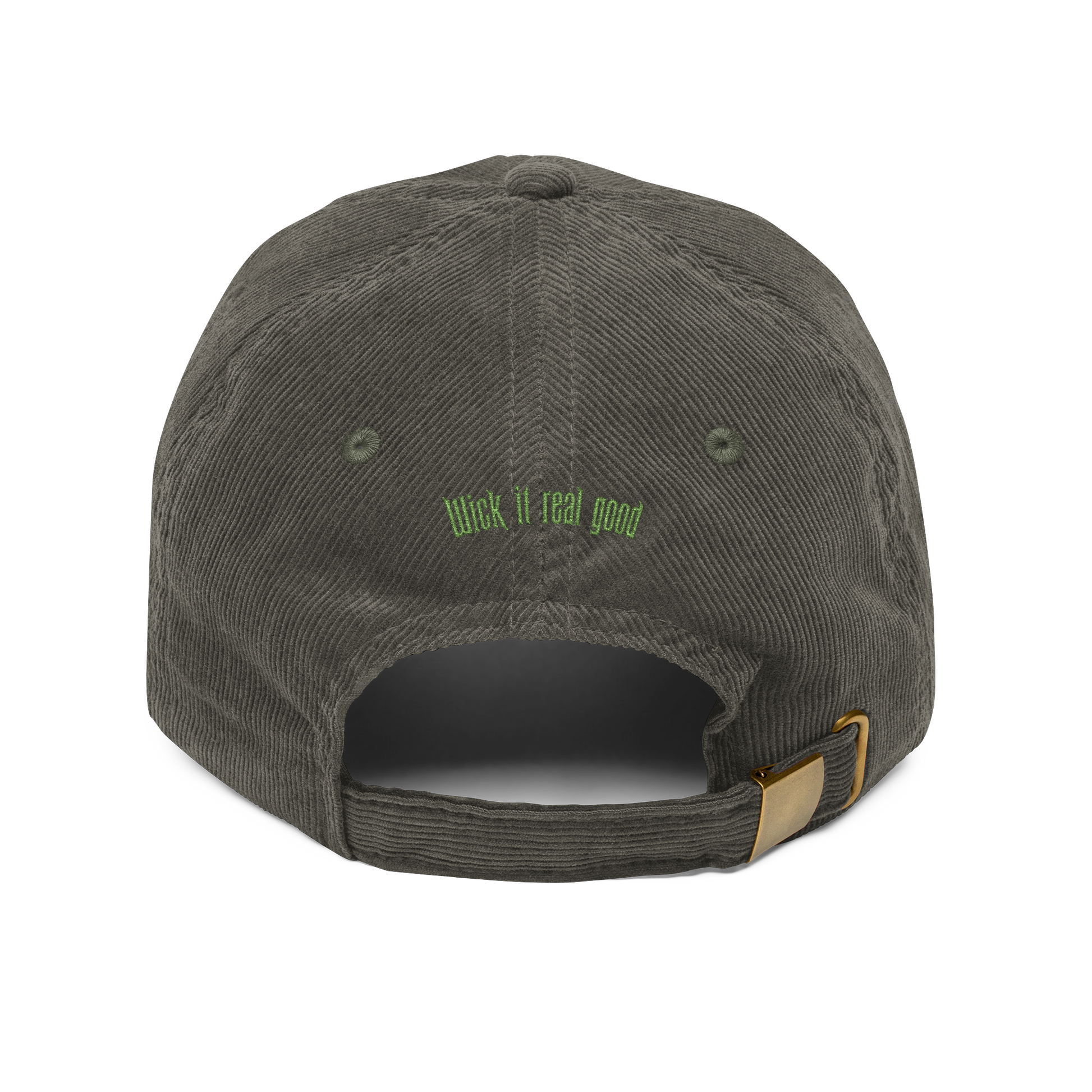 Dark gray cap with 'Wick it real good' text on a white background