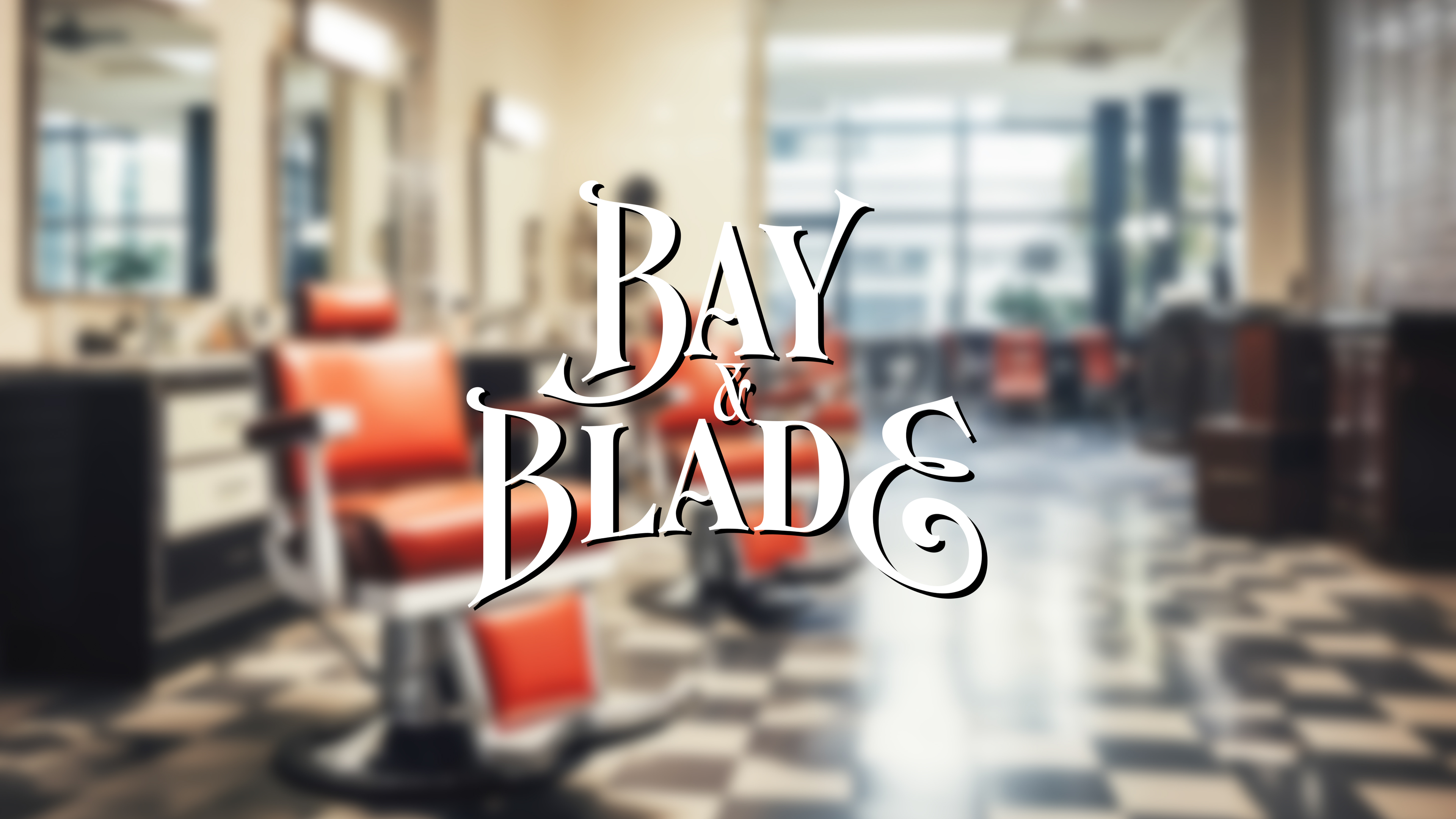 Barbershop interior with red chairs and 'Bay & Blade' logo.