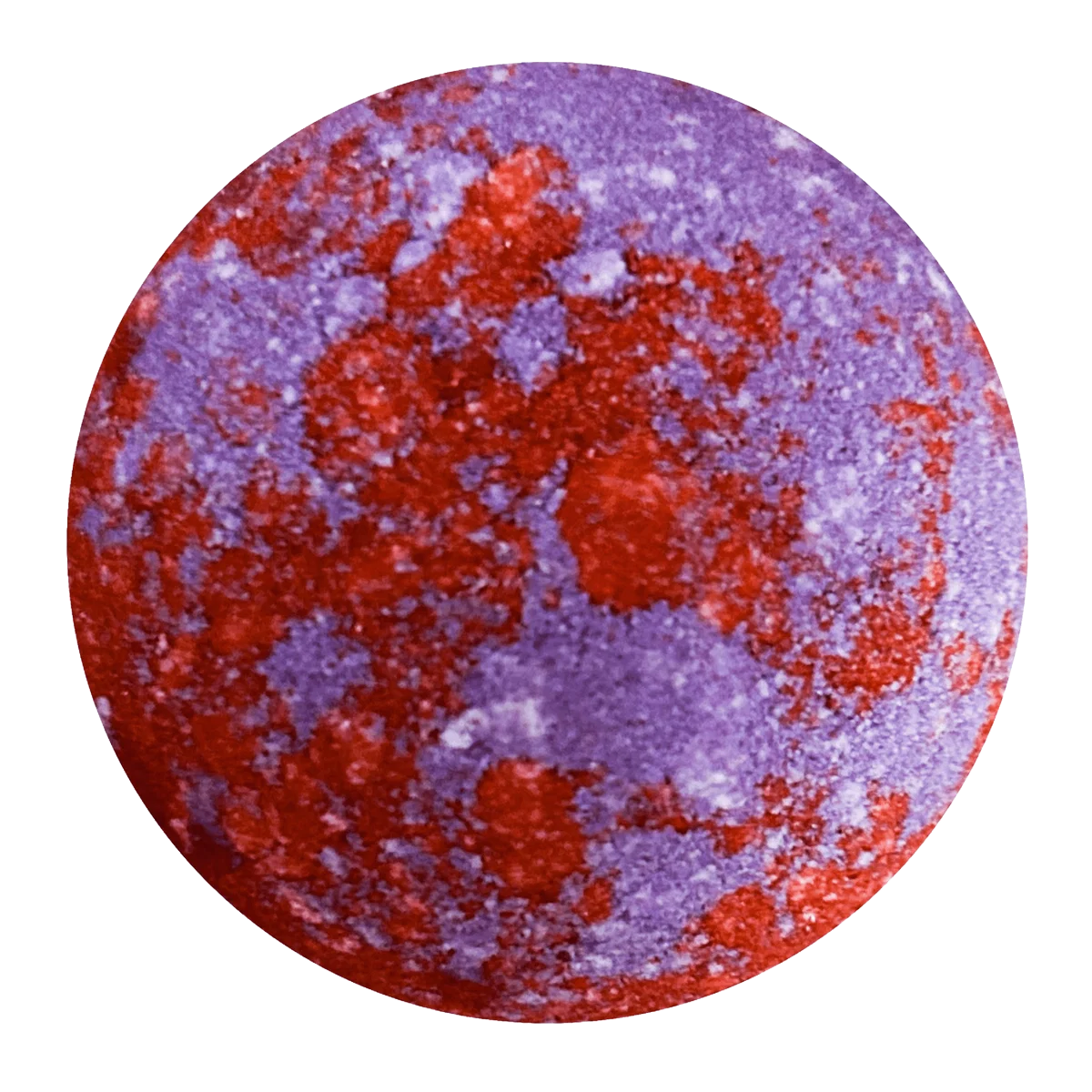 A round bath bomb with a marbled pattern of red and purple crystals, isolated on a white background.