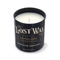 Morning Harvest Scented candle in a black container with 'The Lost Wax Company' branding on a white background