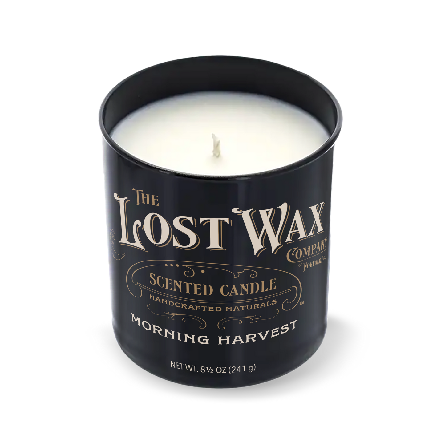 Morning Harvest Scented candle in a black container with 'The Lost Wax Company' branding on a white background