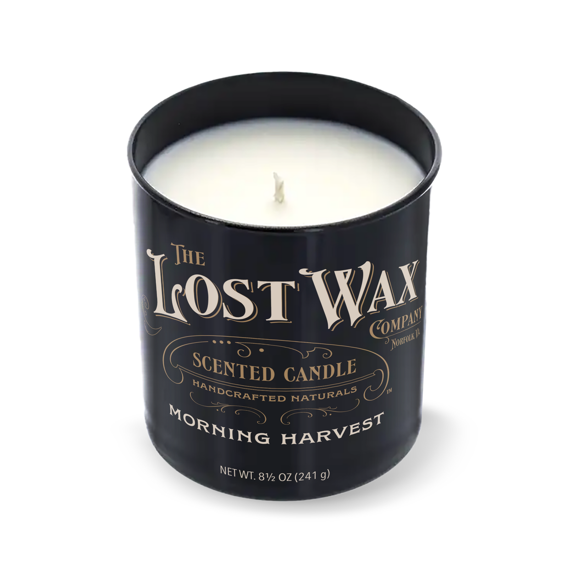 Morning Harvest Scented candle in a black container with 'The Lost Wax Company' branding on a white background