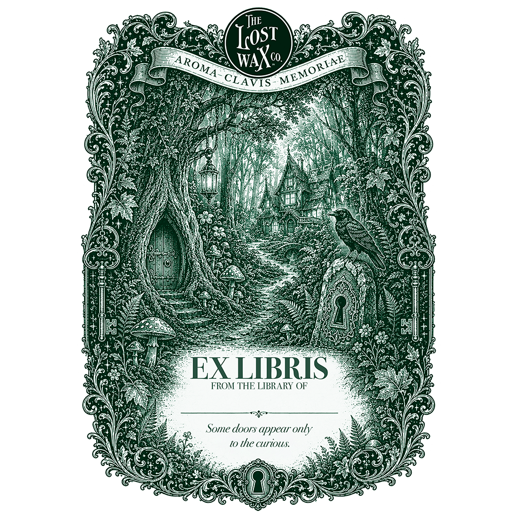 Decorative bookplate with a forest scene and 'Ex Libris' text, featuring the Lost Wax Co. branding.