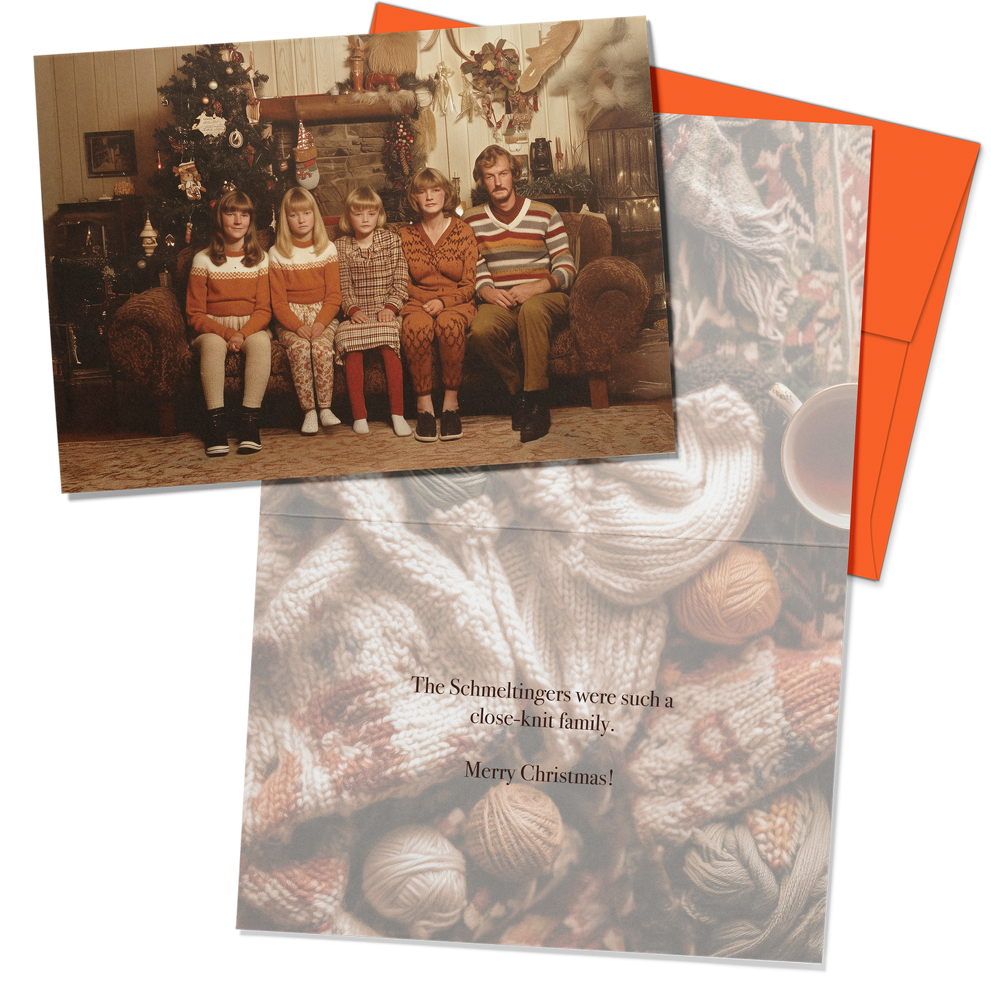 Family photo on a card with an orange envelope
