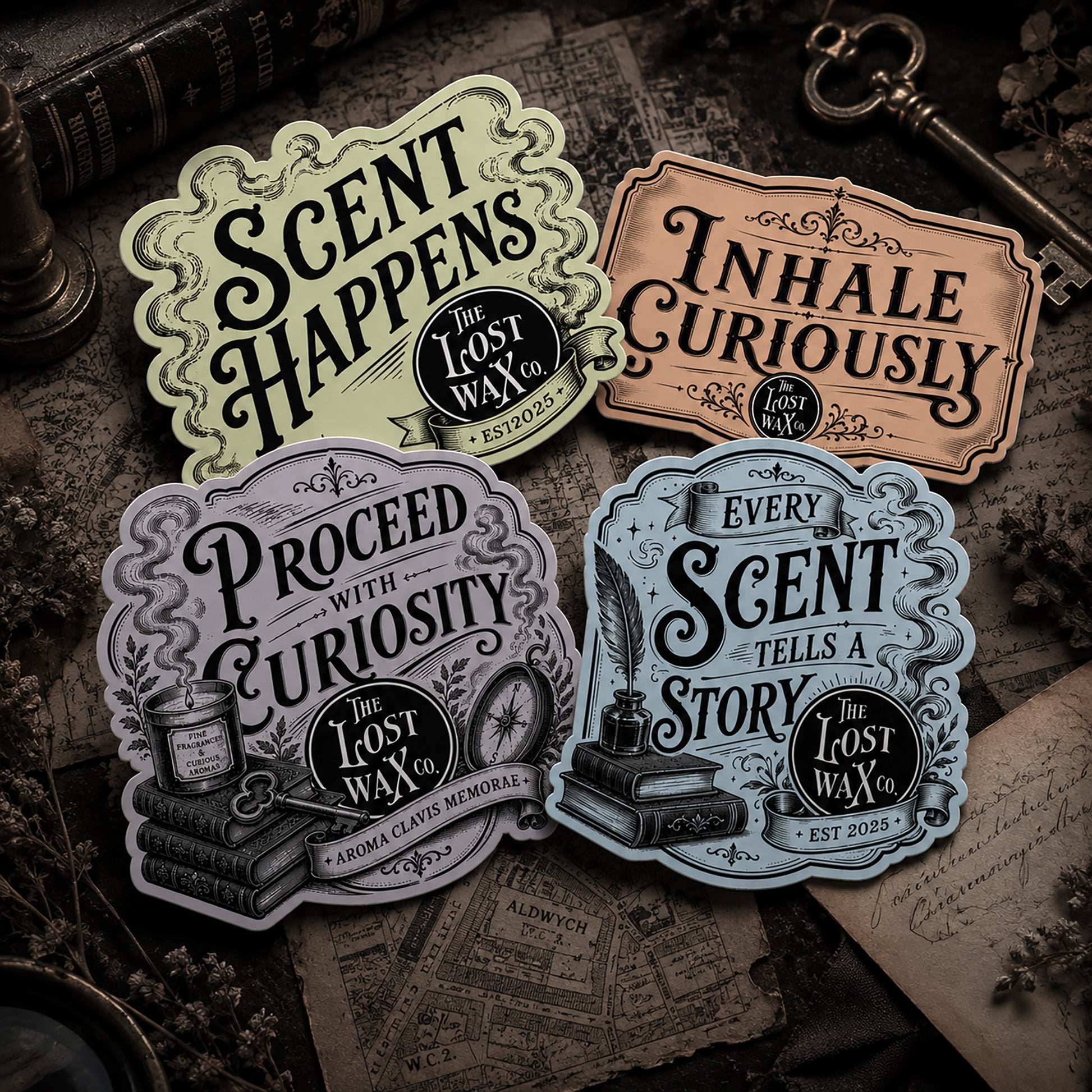 Four decorative stickers with text on a vintage-style background