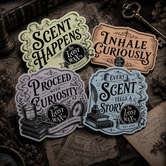 Four decorative stickers with text on a vintage-style background