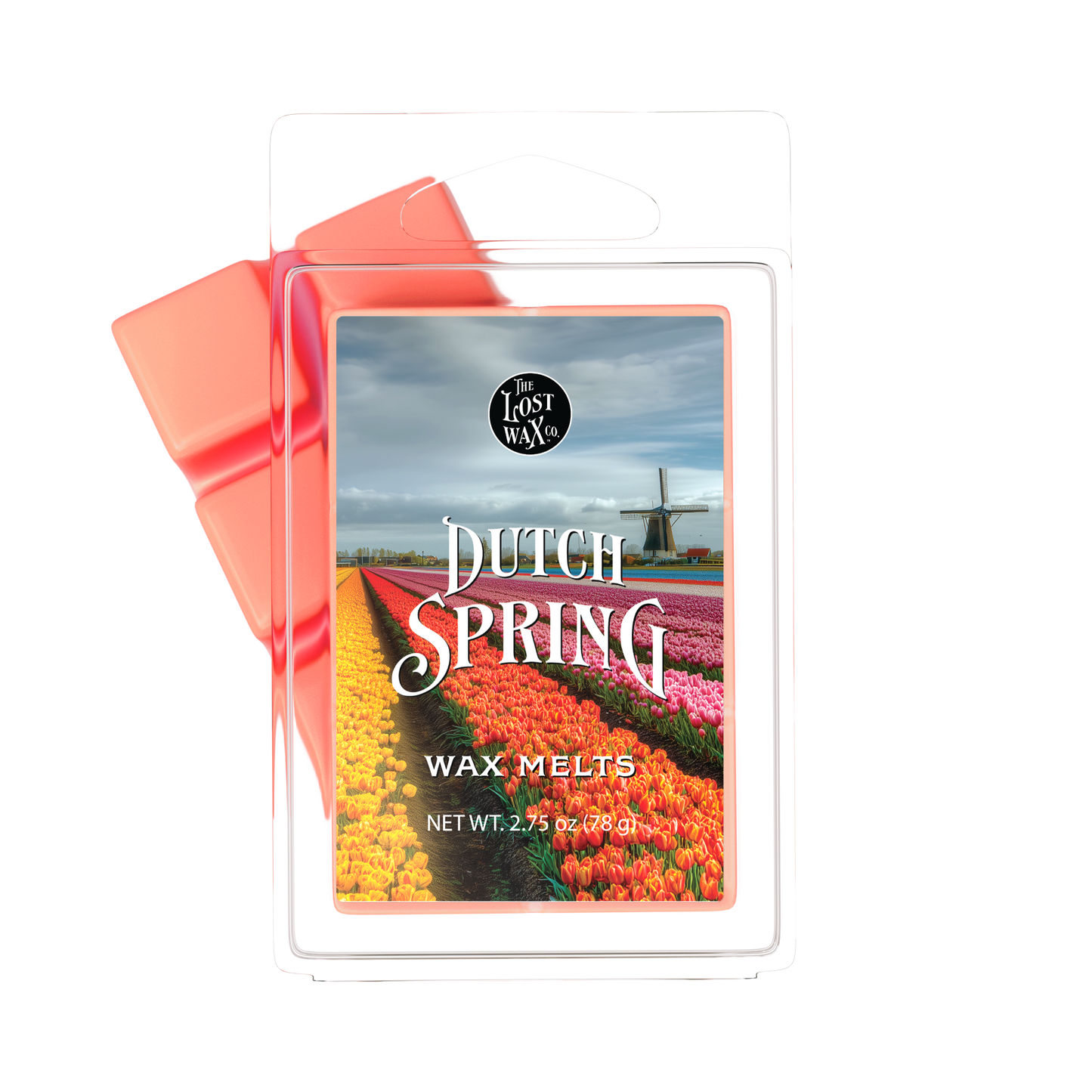 Wax melt packaging with 'Dutch Spring' design and windmill image on a white background