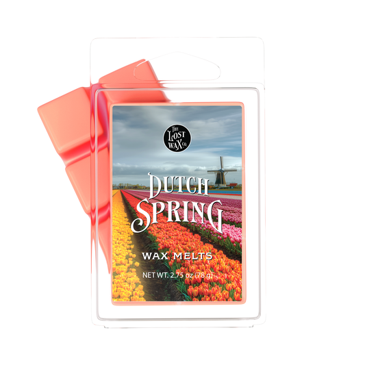 Wax melt packaging with 'Dutch Spring' design and windmill image on a white background