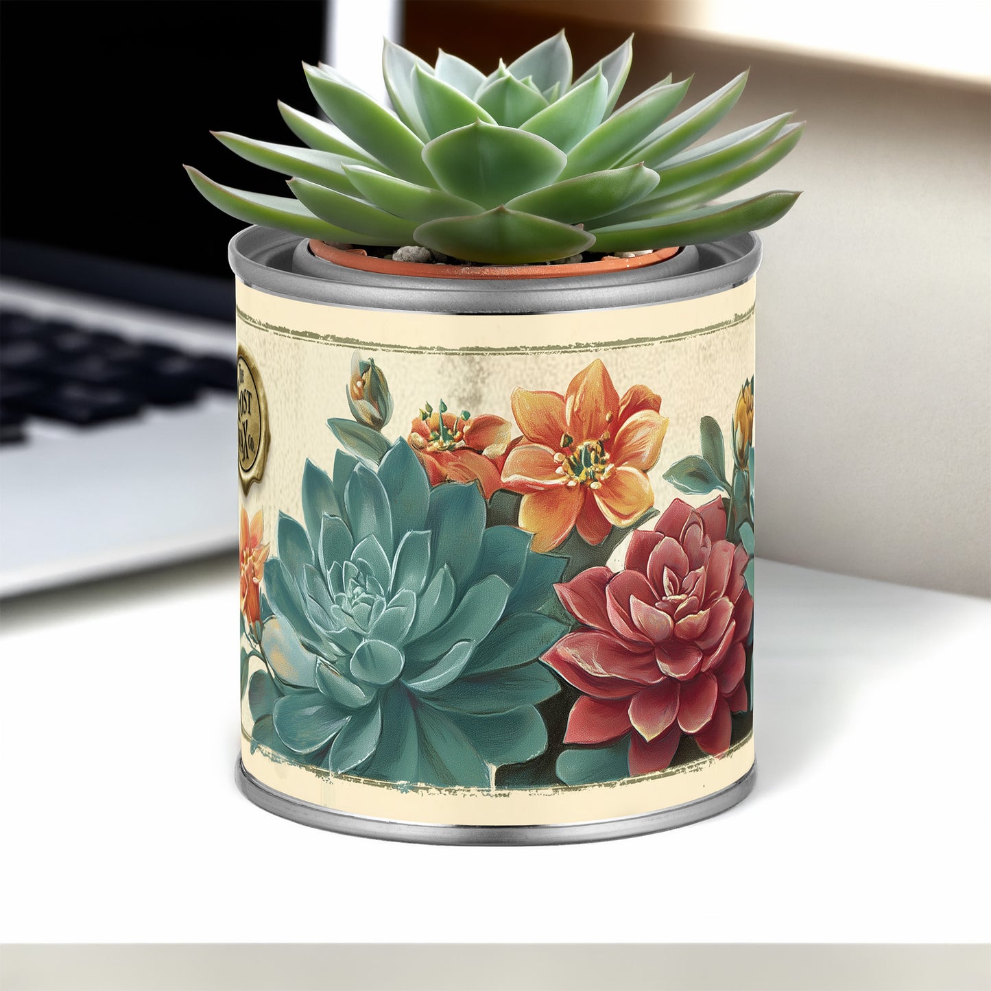 Small potted succulent in a decorative can with floral design on a desk.