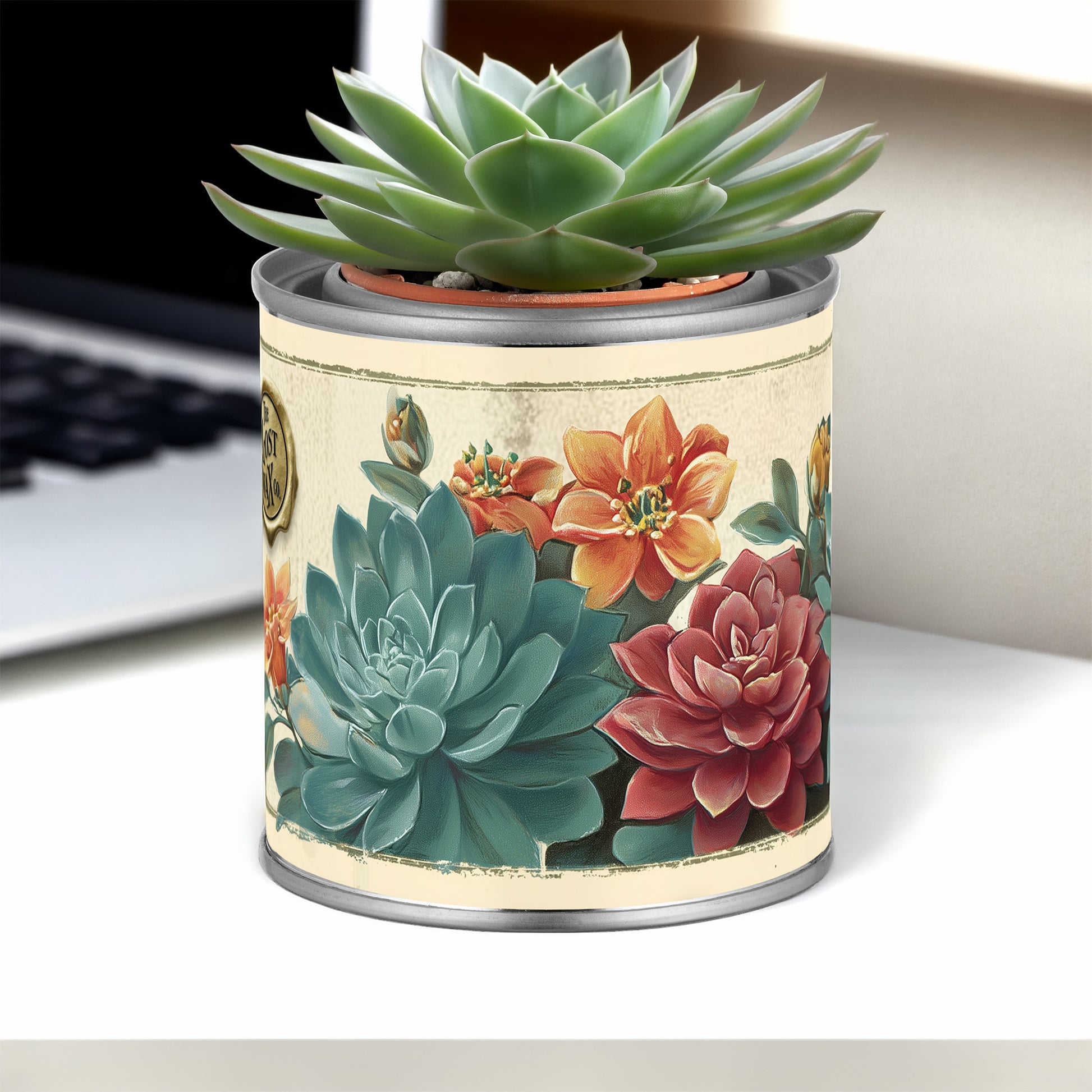 Small potted succulent in a decorative can with floral design on a desk.