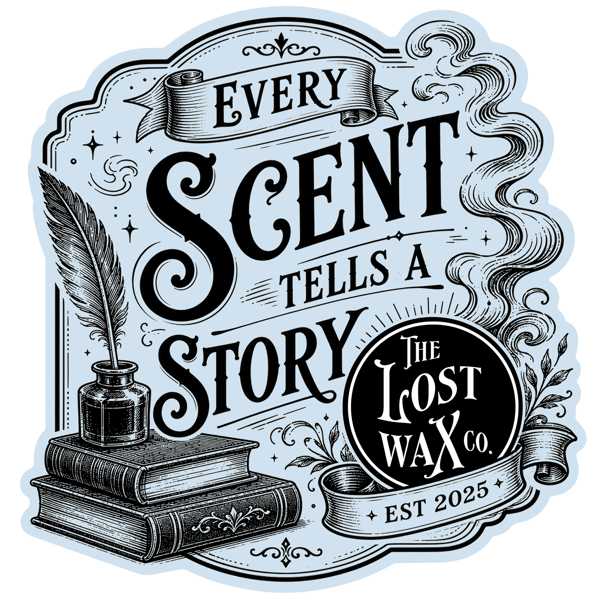 Logo of the Lost Wax Co. with text "Every Scent Tells A Story" and illustration of books, and ink well & quill pen.