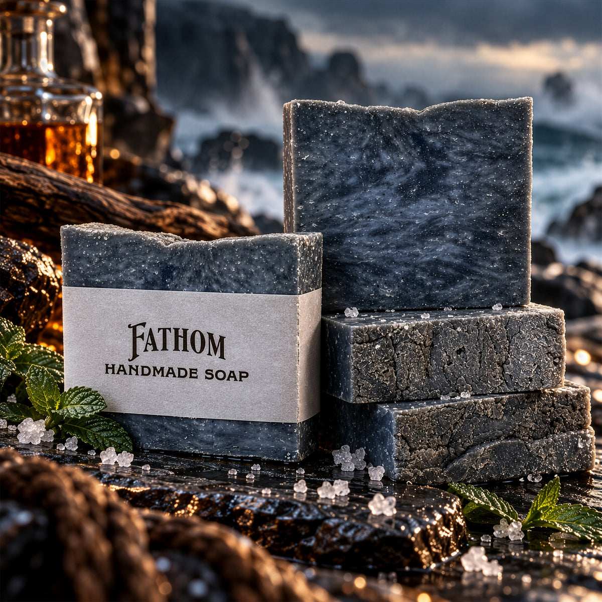 Four dark blue handmade soap bars with a paper label reading 'FATHOM HANDMADE SOAP' are arranged on rocks by the ocean, with waves and a bottle in the blurred background.