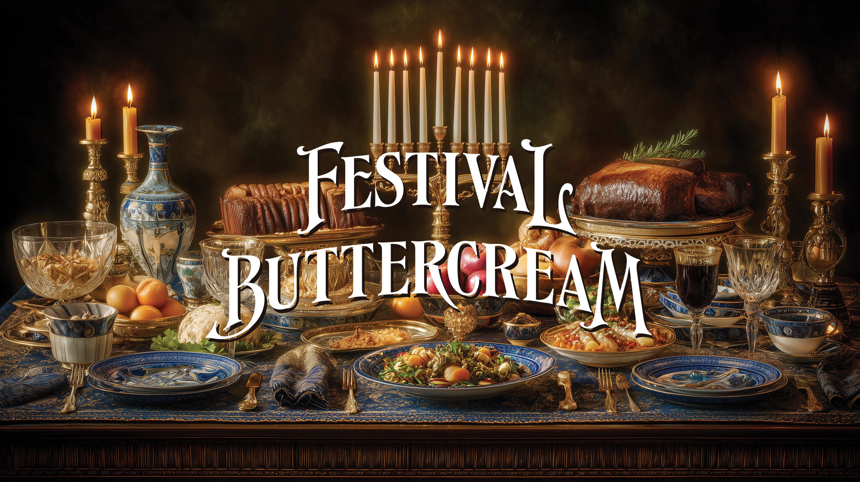 Decorative table setting with candles and food, featuring the text 'Festival Buttercream'.