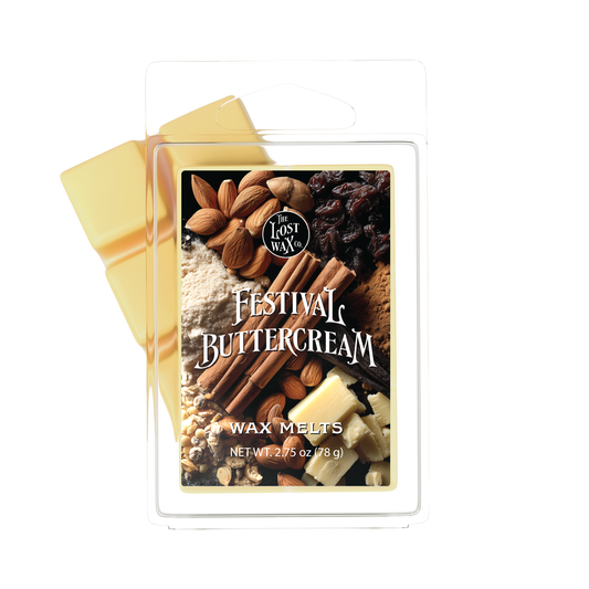 Festival Buttercream wax melts packaging with ingredients on a white background