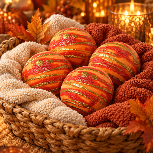Four round bath bursts with red, orange, and gold glitter stripes arranged in a woven basket with cream and rust textured fabric, autumn leaves, and warm candlelight in the background.