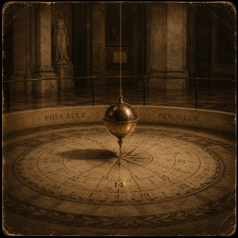 Foucault pendulum in a historical setting with architectural elements.
