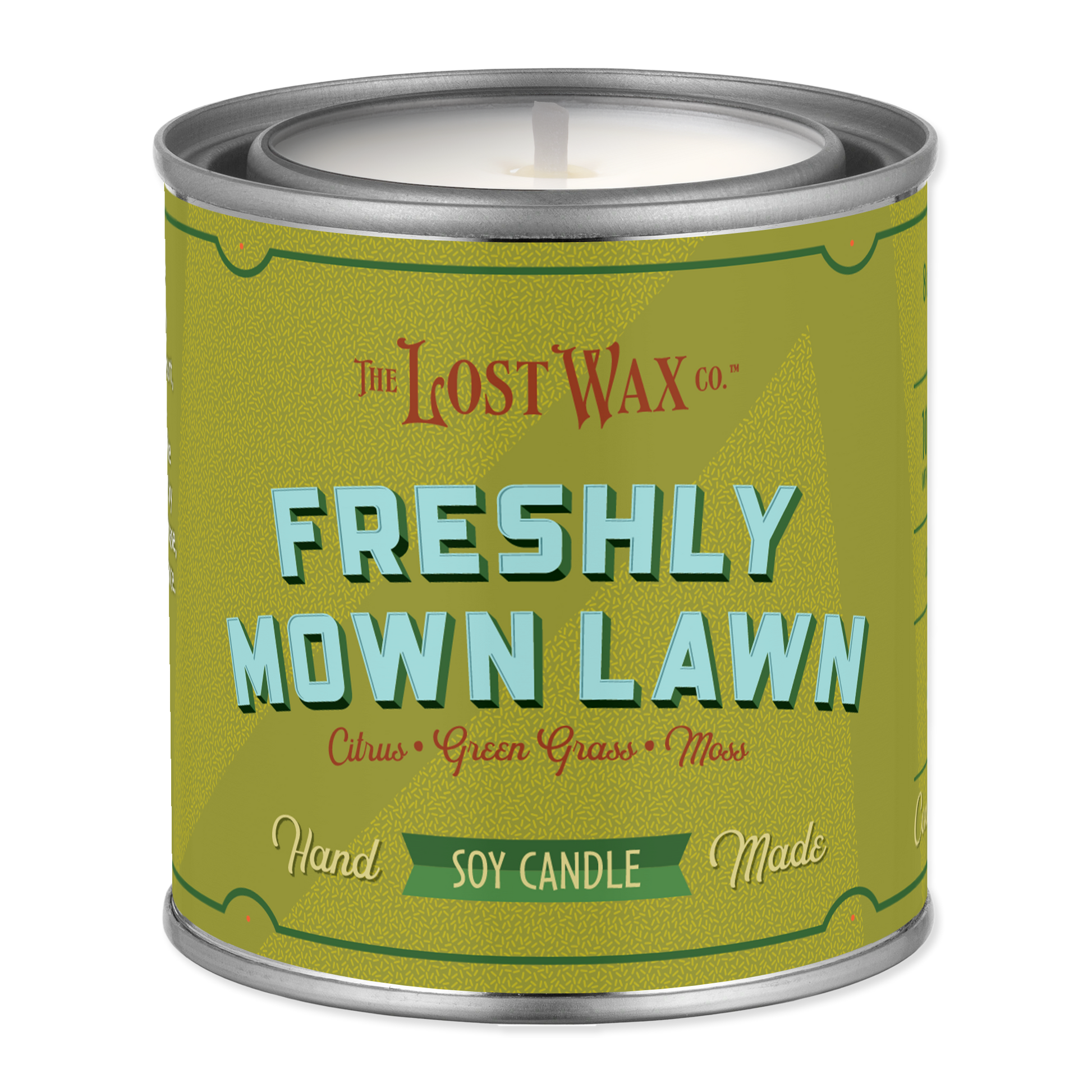 Candle canister labeled 'Freshly Mown Lawn' by Frost Wax on a white background