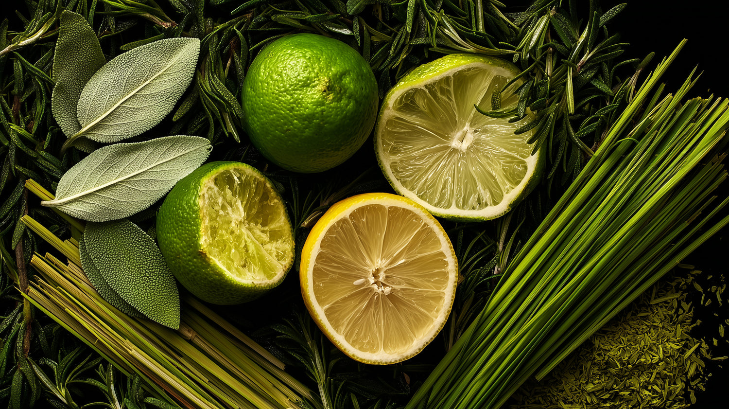 Lemons and limes with herbs on a dark background
