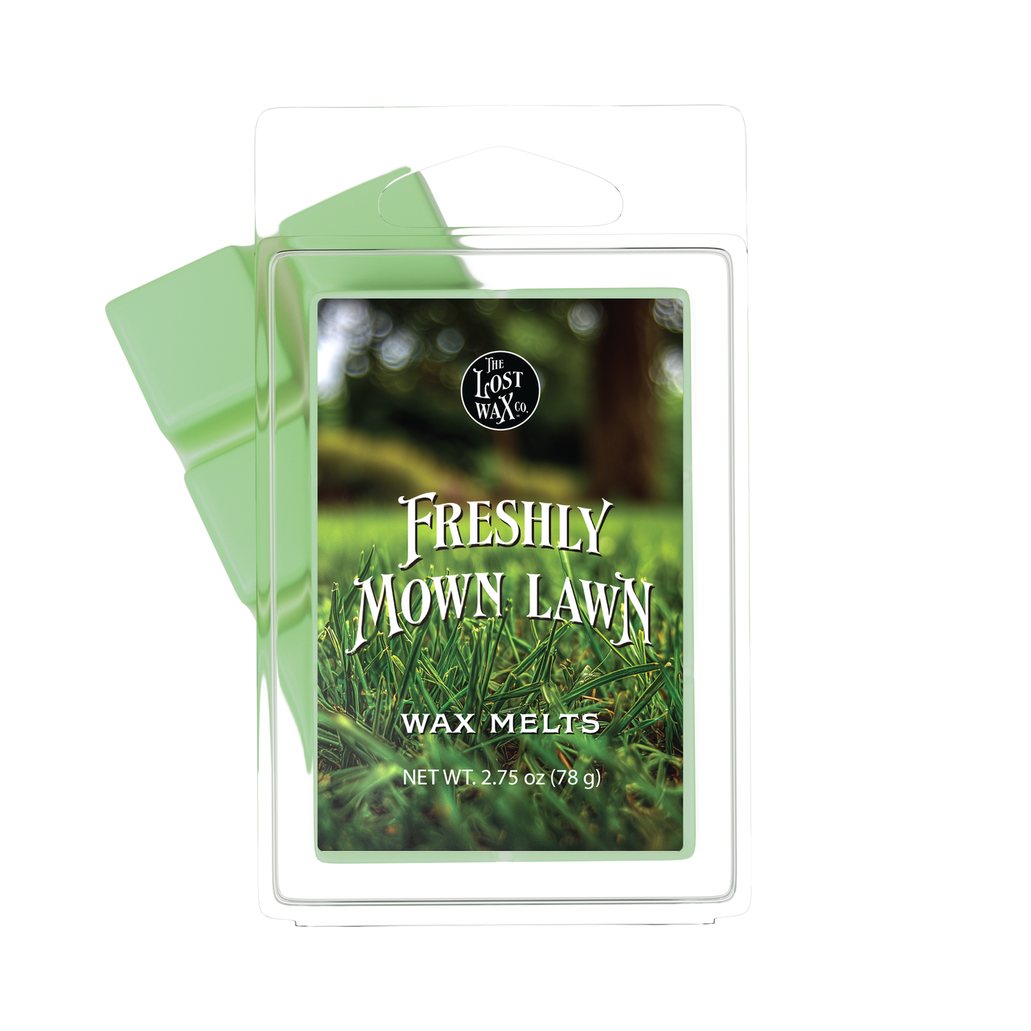 Wax melts packaging labeled 'Freshly Mown Lawn' by The Lost Wax Co.