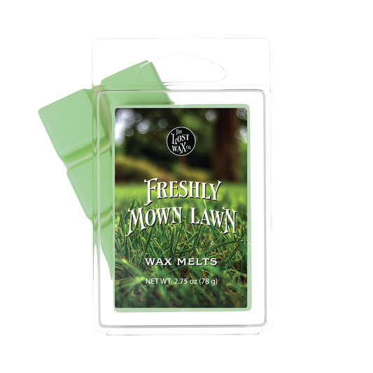 Wax melts packaging labeled 'Freshly Mown Lawn' by The Lost Wax Co.